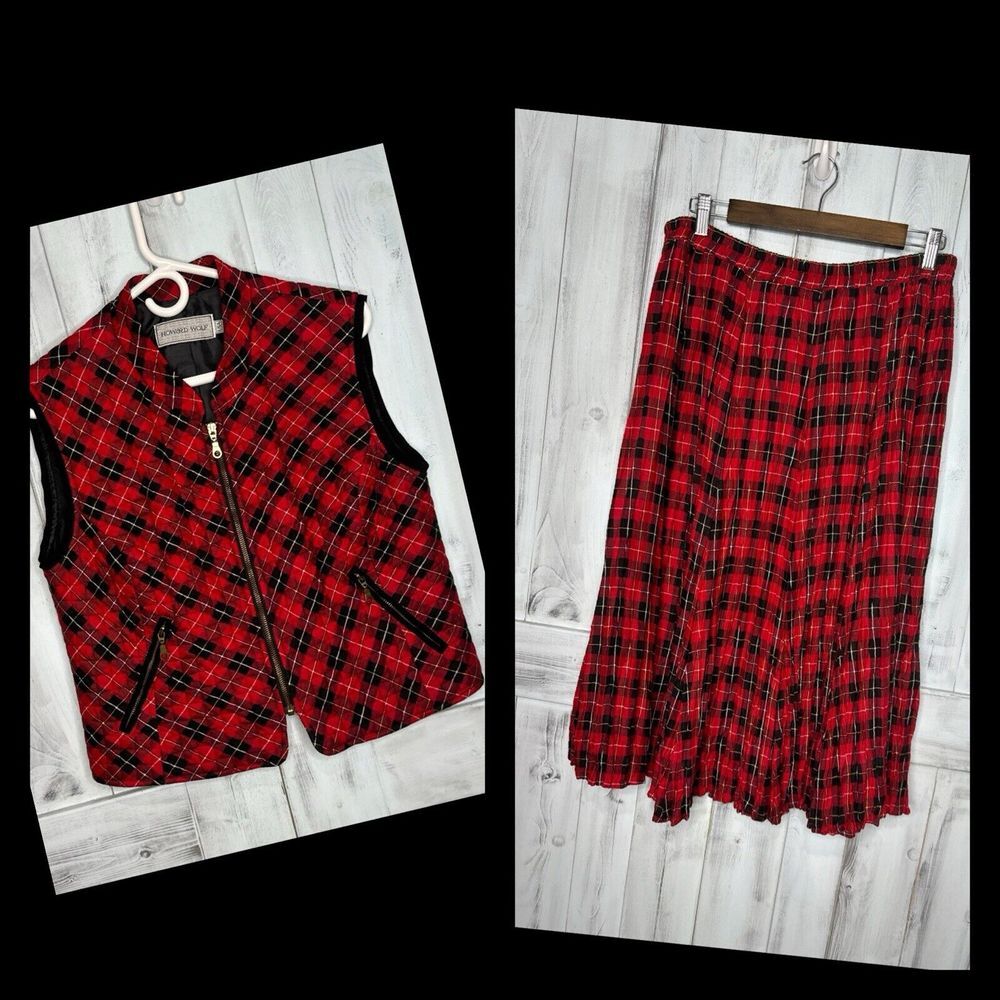 Vintage HOWARD WOLF DALLAS Red‎ Black Plaid Quilted Vest & Midi Skirt Set 12